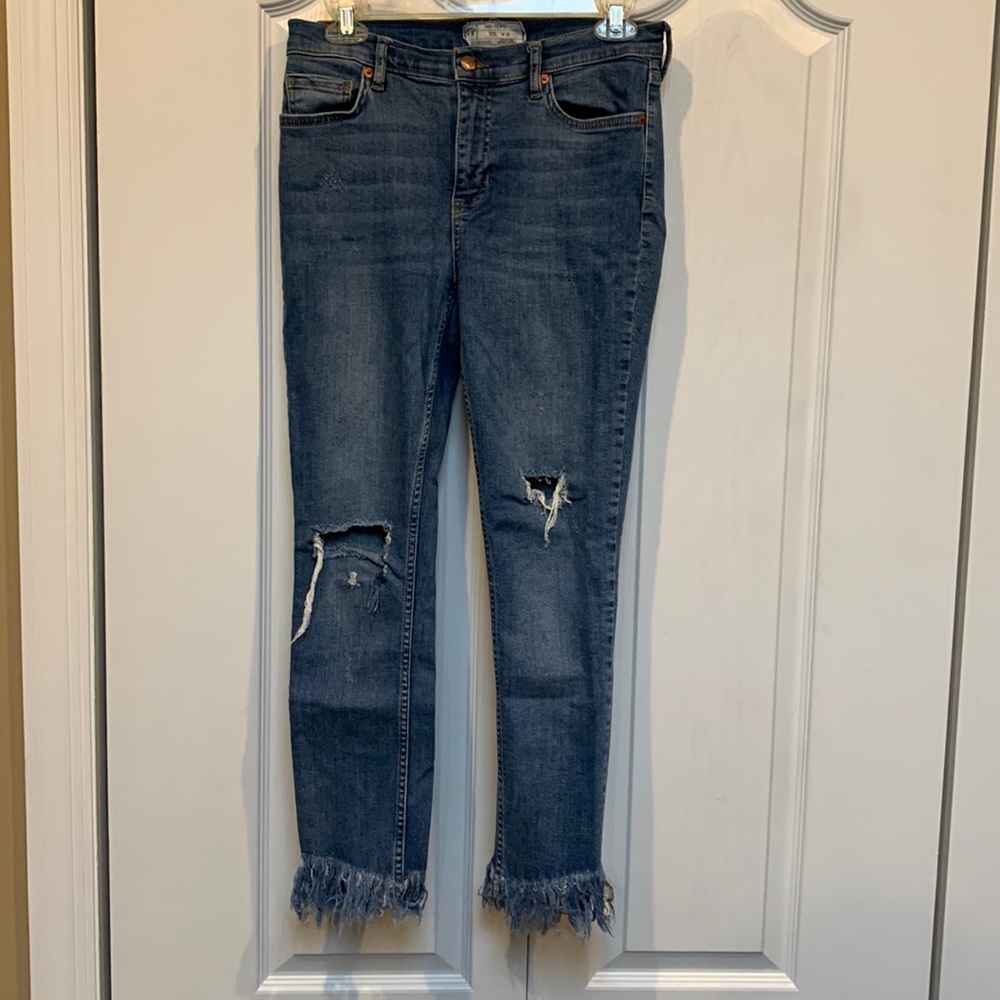 Free People Crop Distressed Jeans with Fringe
